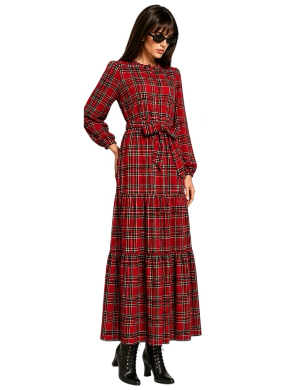 Red Plaid Tartan Size M Maxi Dress Holiday Grandmillennial Victorian Core - Picture 1 of 4